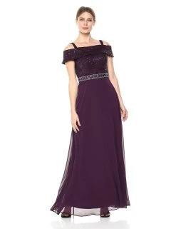 Emma Street - Lace Embellished Off Shoulder Evening Gown 1111199 - 1 Pc Eggplant In Size 18 Available