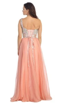 Eureka Fashion - 2401 Beaded One Shoulder Chiffon A-line Dress