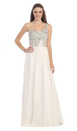 Eureka Fashion - 2401 Beaded One Shoulder Chiffon A-line Dress