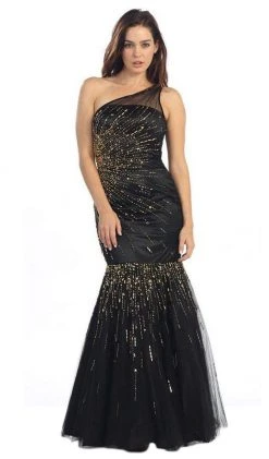 Formal Gowns Eureka Fashion - 3701 Gold Beaded Asymmetric Mermaid Dress