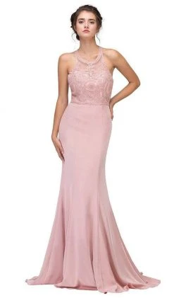 Formal Gowns Eureka Fashion - 7133 Applique Halter Stretch Satin Trumpet Dress