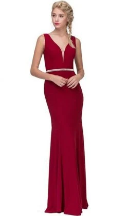 Eureka Fashion - Beaded Plunging V-neck Jersey Evening Dress Formal Gowns