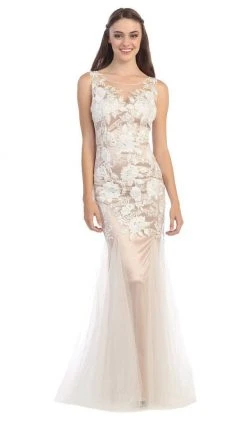 Eureka Fashion - Illusion Bateau Floral Embroidered Trumpet Dress