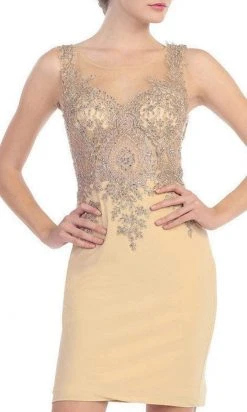 Eureka Fashion - Metallic Lace Illusion Scoop Short Dress 6002 - 1 Pc H.Green/Gd In Size L Available Cocktail Dresses