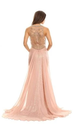 Eureka Fashion - Sequined Illusion Halter Evening Dress With Sheer Overlay
