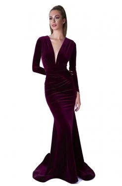 Evaje - Long Velvet Mermaid Dress 10013 - 1 Pc Burgundy In Size L Available Formal Gowns