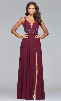 Faviana -10102 Beaded Plunging V Neck Chiffon Dress - 1 Pc Rose Pink In Size 2 Available Formal Gowns