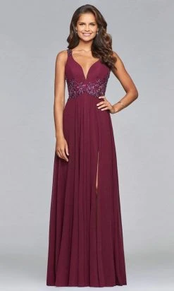 Faviana -10102 Beaded Plunging V Neck Chiffon Dress - 1 Pc Rose Pink In Size 2 Available Formal Gowns