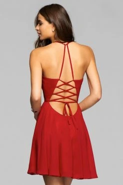 Faviana - 7851 Short Plunging V-Neck Cocktail Dress With Lace-Up Back