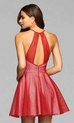 Faviana 7874 Mesh Halter Cocktail Dress With Lace Applique - 1 Pc Ruby In Size 6 Available