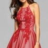 Faviana 7874 Mesh Halter Cocktail Dress With Lace Applique - 1 Pc Ruby In Size 6 Available