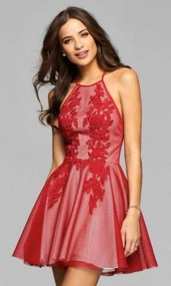 Faviana 7874 Mesh Halter Cocktail Dress With Lace Applique - 1 Pc Ruby In Size 6 Available