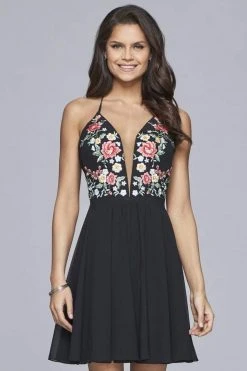 Faviana Floral Embroidered Sheer Plunging Neck Cocktail Dress 10150 - 1 Pc Black In Size 4 Available Cocktail Dresses