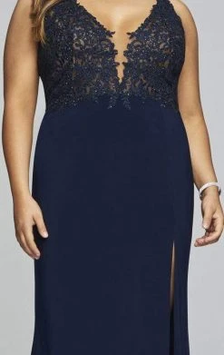 Faviana - Lace Applique V-Neck Jersey Sheath Dress 9463 - 2 Pcs Navy In Size 18W Available Formal Gowns