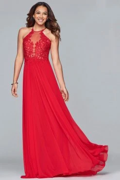 Faviana Formal Gowns- Lace Appliqued Illusion Halter Evening Dress S10203 - 1 Pc Navy In Size 2 Available