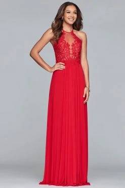Faviana Formal Gowns- Lace Appliqued Illusion Halter Evening Dress S10203 - 1 Pc Navy In Size 2 Available