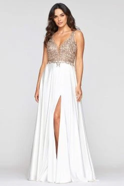 Formal Gowns Faviana - Lace Bodice Satin High Slit Dress 10407 - 1 Pc Ivory/Gold In Size 6 Available