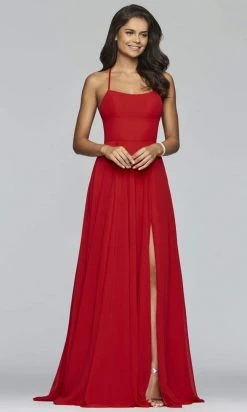 Formal Gowns Faviana - Lace Up Back High Slit Chiffon Dress - 1 Pc Evergreen In Size 12 Available