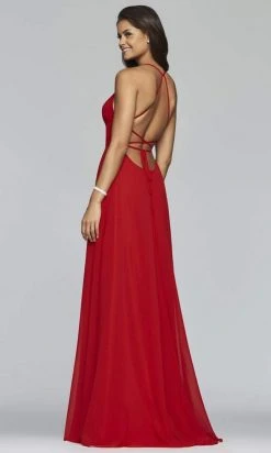 Formal Gowns Faviana - Lace Up Back High Slit Chiffon Dress - 1 Pc Evergreen In Size 12 Available