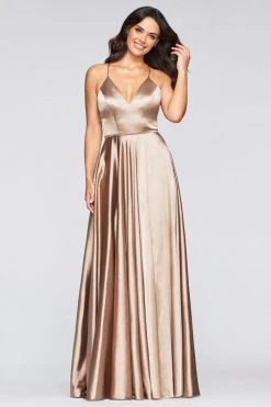 Faviana - Lace Up Back Satin High Slit Dress S10209 - 1 Pc Mocha In Size 14 Available