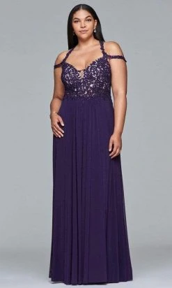 Faviana - Lace V-neck Sheath Dress 9439 - 1 Pc Aubergine In Size 16W Available