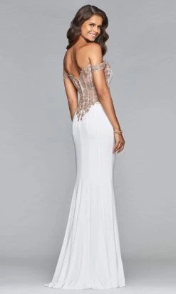 Formal Gowns Faviana - Off-Shoulder Jersey Sheath Long Gown S10001 - 1 Pc Ivory/Rose Gold In Size 0 Available