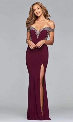 Formal Gowns Faviana - Off-Shoulder Jersey Sheath Long Gown S10001 - 1 Pc Ivory/Rose Gold In Size 0 Available