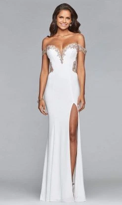 Formal Gowns Faviana - Off-Shoulder Jersey Sheath Long Gown S10001 - 1 Pc Ivory/Rose Gold In Size 0 Available