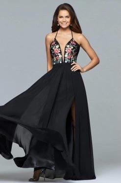 Faviana - Plunging Floral Embroidered Chiffon Gown 10000 Formal Gowns