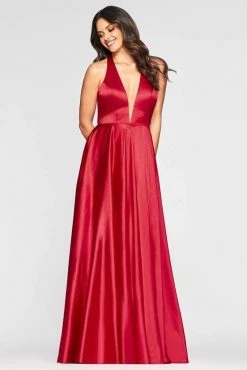 Faviana - Plunging V-Neck Charmeuse A-line Dress S10403 - 1 Pc Red In Size 14 Available