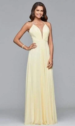 Faviana - Plunging V-Neck Flowy High Slit Chiffon Dress 7747