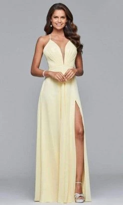 Faviana - Plunging V-Neck Flowy High Slit Chiffon Dress 7747