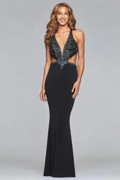 Faviana - S10029 Beaded V-neck Jersey Sheath Dress