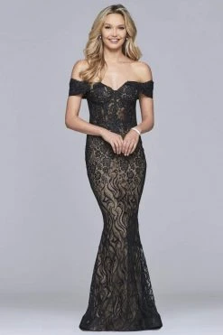 Faviana - S10109 Lace Off-Shoulder Mermaid Dress With Train