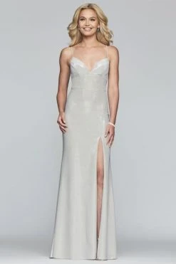 Formal Gowns Faviana - S10218 Metallic Jersey V-neck Trumpet Dress With Slit