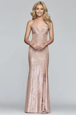 Formal Gowns Faviana - S10218 Metallic Jersey V-neck Trumpet Dress With Slit