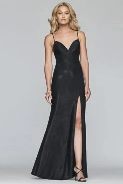 Formal Gowns Faviana - S10218 Metallic Jersey V-neck Trumpet Dress With Slit