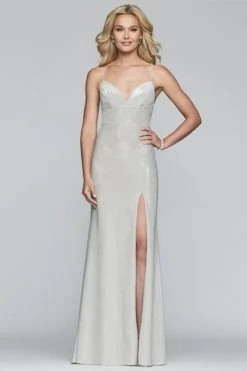 Formal Gowns Faviana - S10218 Metallic Jersey V-neck Trumpet Dress With Slit