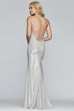 Formal Gowns Faviana - S10218 Metallic Jersey V-neck Trumpet Dress With Slit