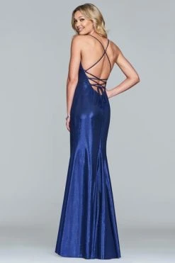 Formal Gowns Faviana - S10218 Metallic Jersey V-neck Trumpet Dress With Slit