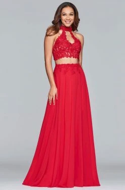 Faviana - S10220 Two Piece Lace High Halter Chiffon A-line Dress Formal Gowns 14 Faviana - S10220 Two Piece Lace High Halter Chiffon A-line Dress Formal Gowns