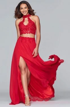 Faviana - S10220 Two Piece Lace High Halter Chiffon A-line Dress Formal Gowns 16 Faviana - S10220 Two Piece Lace High Halter Chiffon A-line Dress Formal Gowns
