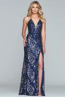Faviana - S10282 Sequined Rosette Motif High Slit Gown Formal Gowns