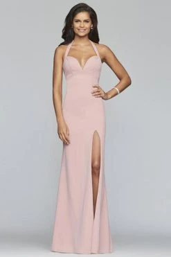 Faviana - S10284 Stretch Crepe Halter V-neck Fitted Dress