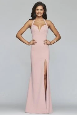 Faviana - S10284 Stretch Crepe Halter V-neck Fitted Dress