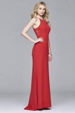Formal Gowns Faviana S7913 Halter Neck Jersey Dress With Sweep Train - 1 Pc Black In Size 6 Available