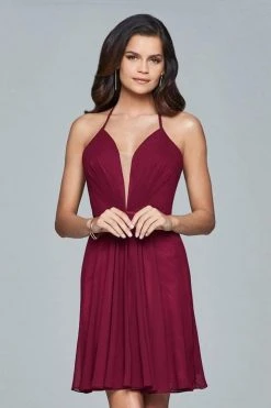 Cocktail Dresses Faviana - Short Plunging V-Neck Cocktail Dress With Lace-Up Back 7851 - 1 Pc Wine In Size 2 Available