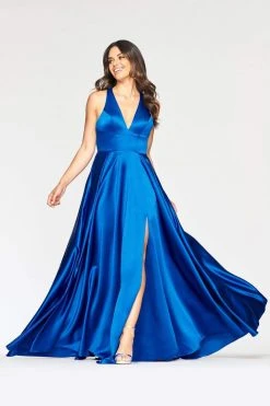 Faviana - Sleek Plunging Halter High Slit Gown S10440 - 1 Pc Royal In Size 10 Available Formal Gowns