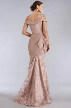 Formal Gowns Feriani Couture - Off Shoulder Ruffled Peplum Accent Trumpet Dress 18958 - 1 Pc Rose In Size 6 Available