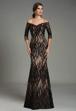 Formal Gowns Feriani Couture Sequined Foliage Off Shoulder Sheath Gown